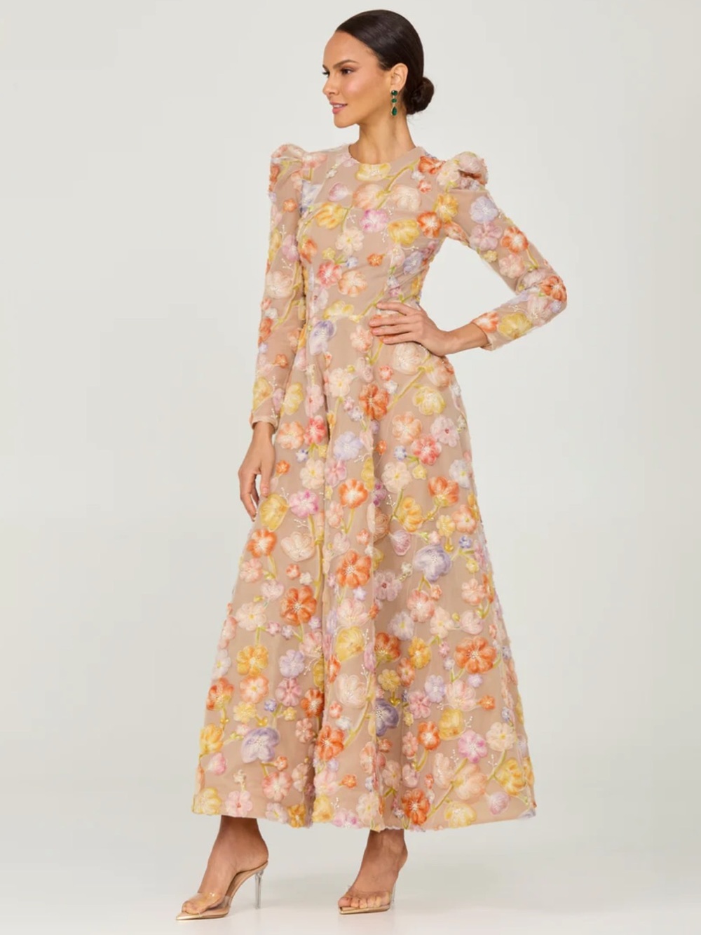 helsi tessa tan 3d floral applique embellished long sleeve maxi gown dress XS